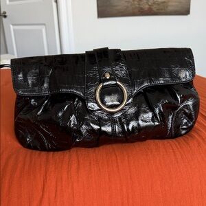 Express Shiny Black Clutch with Ring Detail